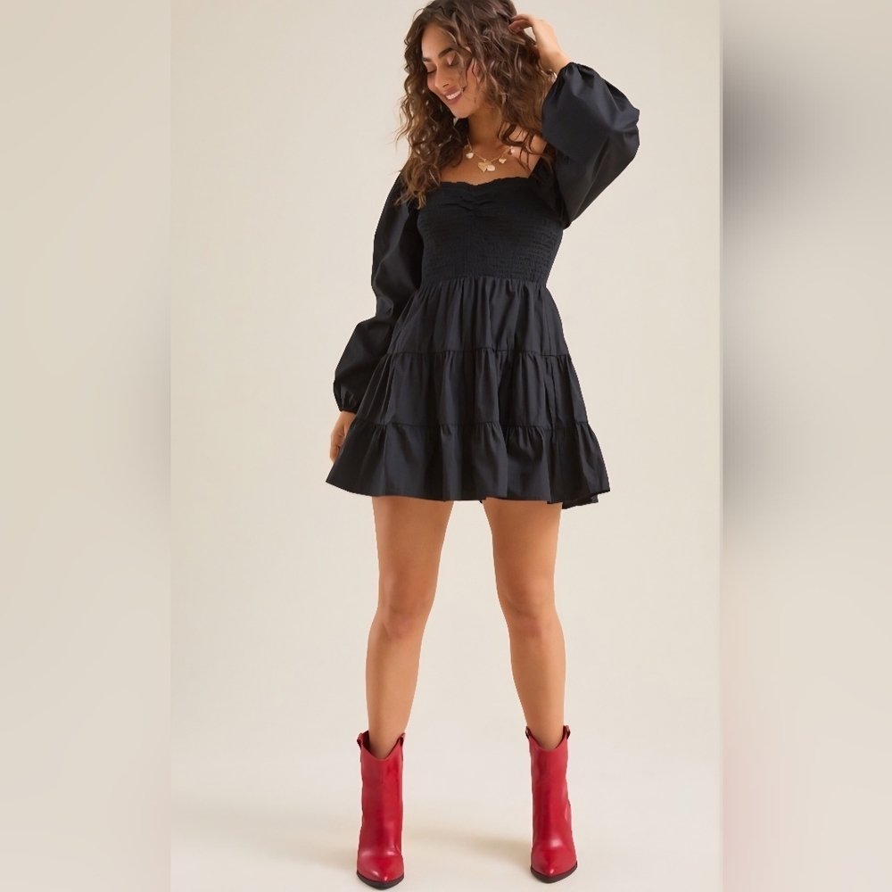 Altar'd State Sienna black long puff sleeve smocked dress